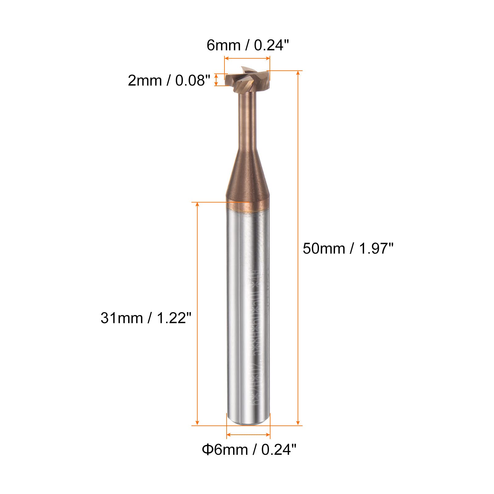 sourcing map T Fente Fin Fraisage Moulin Coupeur 6mm Coupe 2mm Profondeur 6mm Tige Solide Carbure Titane Revêtu 4 Flûtes pour Inox Acier Alliage