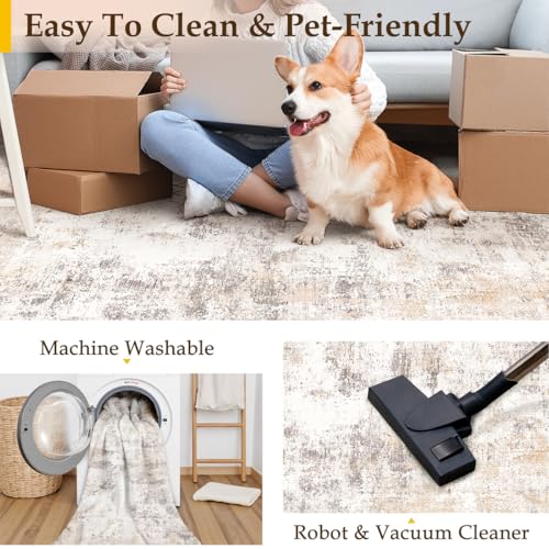 WondRg 5x7 Washable Area Rug Beige Grey Abstract Living Room Bedroom Throw Rug Neutral Modern Non Slip Soft Low Pile Indoor Carpet for Dining Room Office Entryway