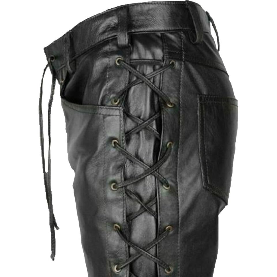 Generic Men's Black Cowhide Leather Biker Pants with Lace-Up Closure and Side Laces3