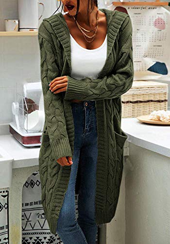Image of Women Hooded Open Front Cardigan Cable Knit Chunky Long Sweater Coats | solid color, cable knit ,long duster cardigan,chunky coatigan,winter ,falll ,side pockets