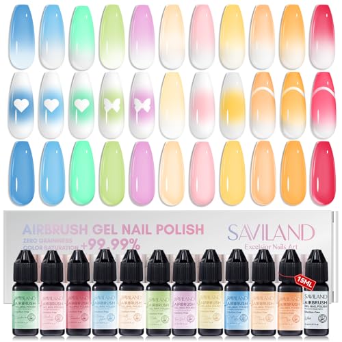 SAVILAND Verdünnungsfreier Airbrush Gel Nagellack: 12 Stück Macaron Color Airbrush Farben für Nägel Ungiftig Airbrush für Nägel Gel Starke Deckkraft 28 Tage Haltbar für Ombre French Nail