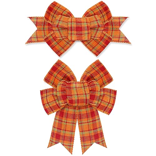 Whaline 2 Pack Fall Wreath Bow Thanksgiving Buffalo Plaid Burlap Bow Autumn Decorative Tree Topper Ornaments Gift Bow for Fall Harvest Party Supplies Indoor Outdoor Home Decor, 5.9 x 11.8 Inch