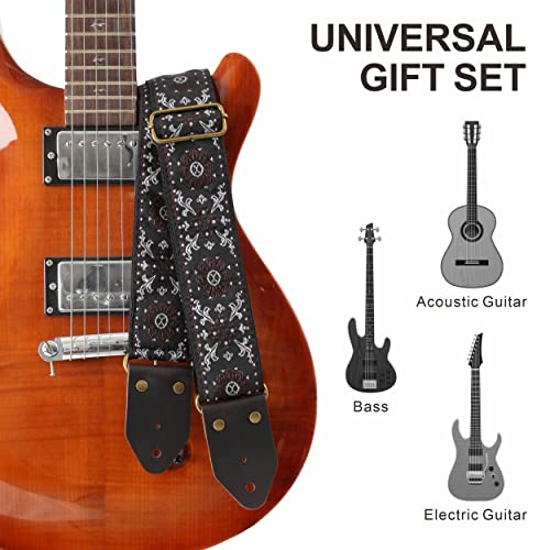 Image of Nefelibata Guitar Strap,Jacquard Embroidery Cotton Guitar Straps with Crazy Horse Leather Ends for Bass, Electric & Acoustic, Best Gifts for Kids, Guitarists(Brown flower embroidery)