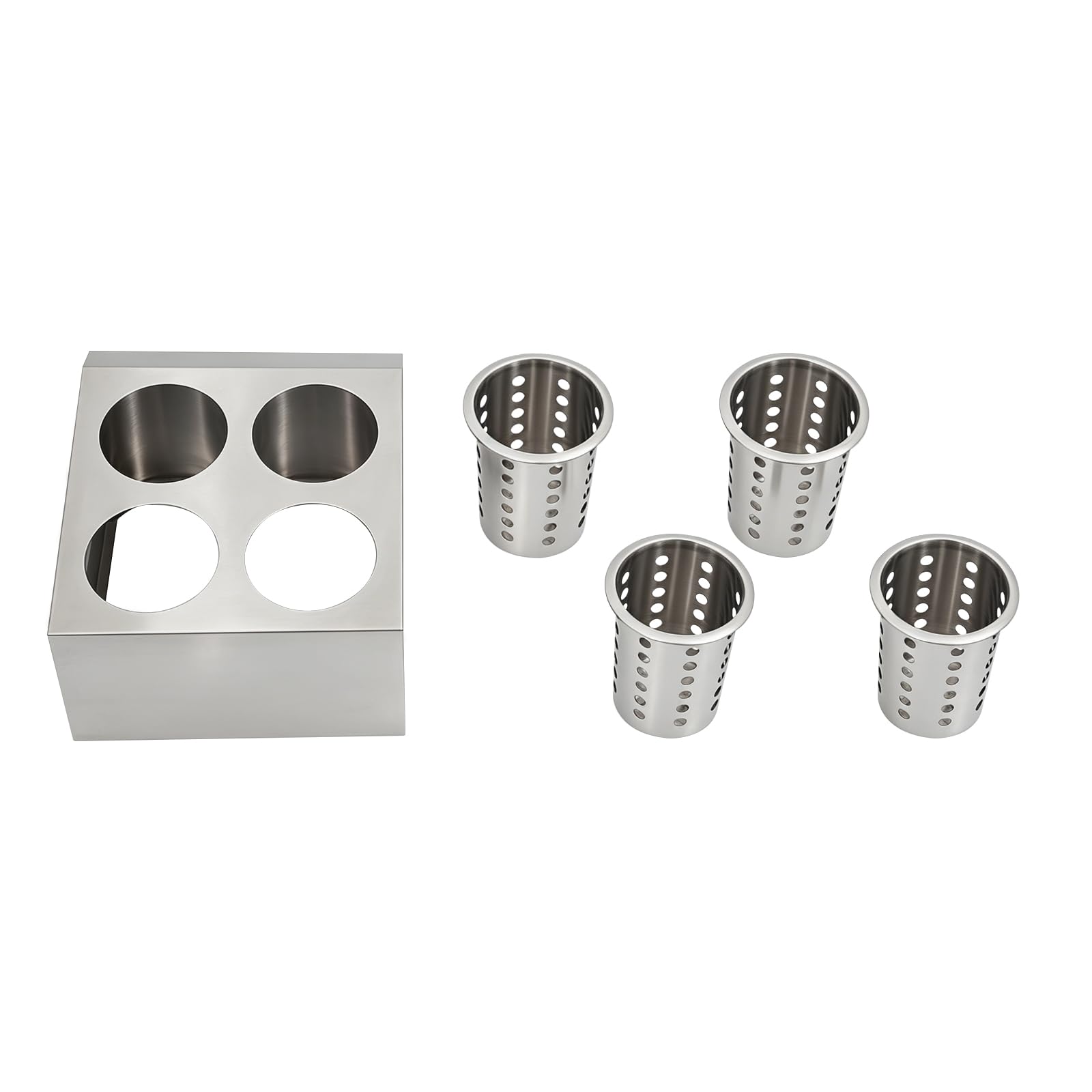 Soporte para cubiertos con 4 agujeros, acero inoxidable, con cilindro, para utensilios con patas de goma antideslizantes para cocinas, cafeterías, cafeterías, despensas