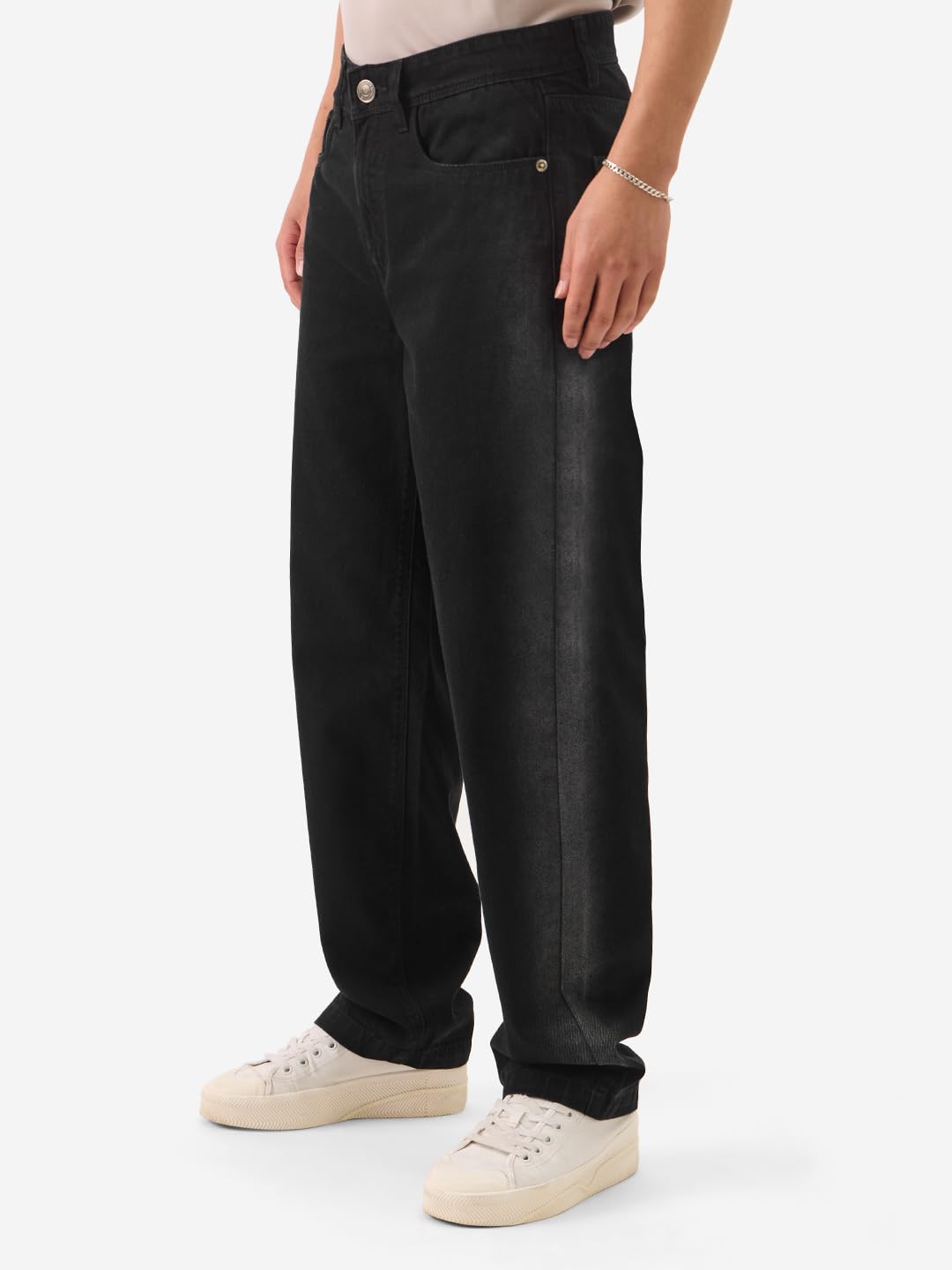 The Souled Store Dark Sapphire Pantalones vaqueros de mezcla de algodón para hombre y niño, corte recto, acampanados, formales, elásticos, con botones, estilo de cintura