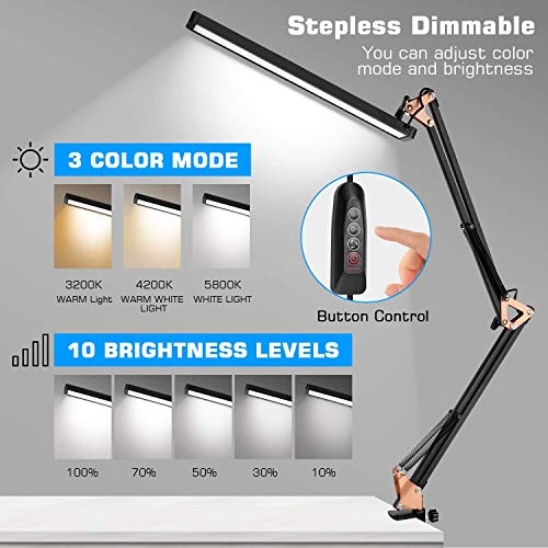 Axuf Led Desk Lamp, Metal Swing Arm Desk Lamp With Clamp, Eye-Caring Architect Desk Light, Dimmable Table Lamp With 3 Color Modes 10 Brightness Levels & Adapter, Memory Function, Rose Gold + Black #TOP1