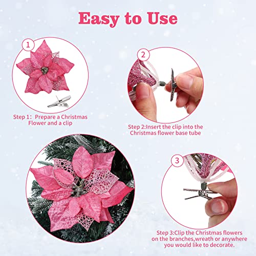 15 Pieces Christmas Glitter Poinsettia with Clips Christmas Poinsettia Decorations Artificial Poinsettia Flowers Ornament Christmas Flowers for New Year Wedding Home Decoration 8.7inch/22cm Pink