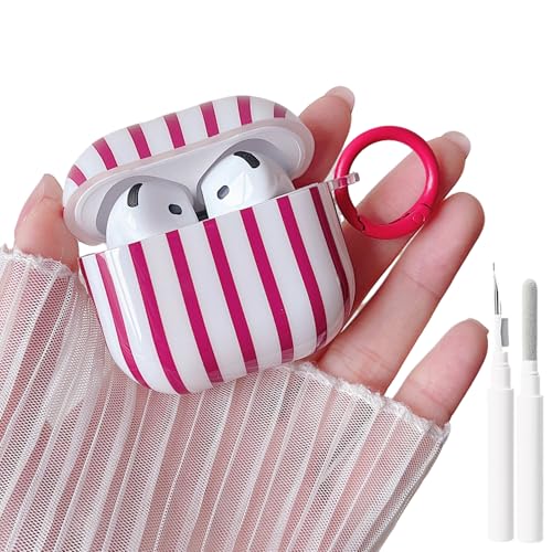 Image of MINSCOSE for AirPods 4 Clear Case,Cute Striped Aesthetic Pattern Design with Trendy Keychain Ring,Soft TPU Protective Shockproof Cover with Cleaner Kit for Girls Women for Airpods 4-Wine Red