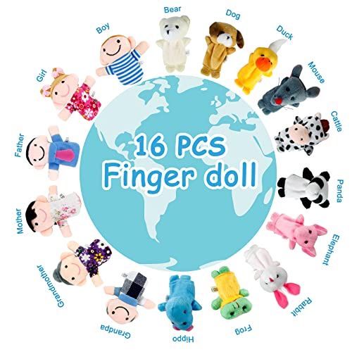 Sealive 16-Pcs Finger Puppets For Toddlers Story Time - Soft Velvet 10 Animals & 6 Family Members - Perfect For Role Playing, Classroom Learning, Party Favors, Travel, Therapy, Imagination Building #TOP2
