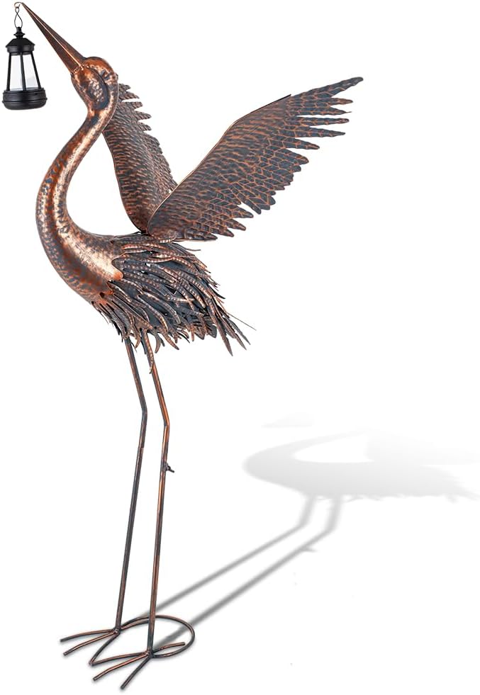 Crane Garden Statues with Solar Ligh for Outside, 43" Metal Heron Yard Art & Garden Sculptures - Large Outdoor Decor for Patio, Backyard, Pond, Lawn Ornaments