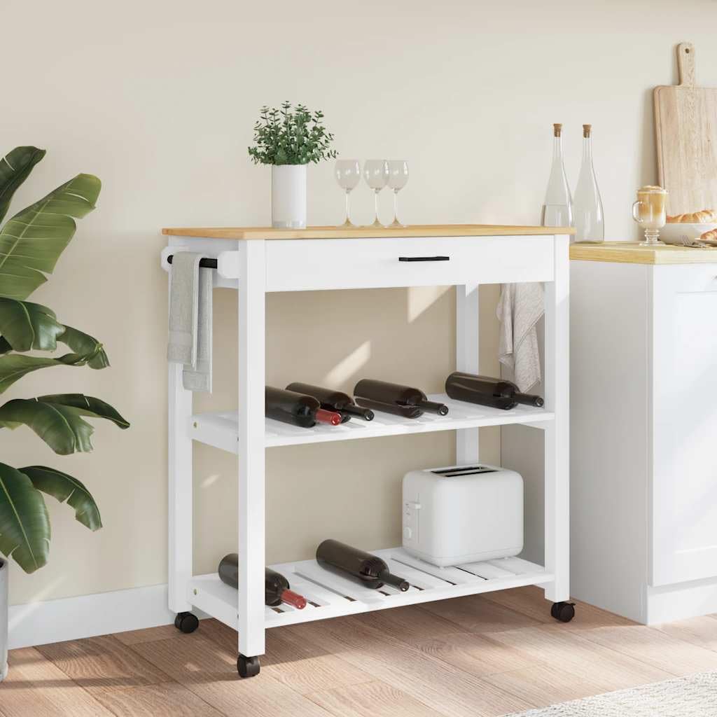 Carro de cocina Monza 84 x 40 x 88,5 cm de madera maciza de pino con cajón y 3 estantes para uso versátil en la cocina, salón y espacio de trabajo