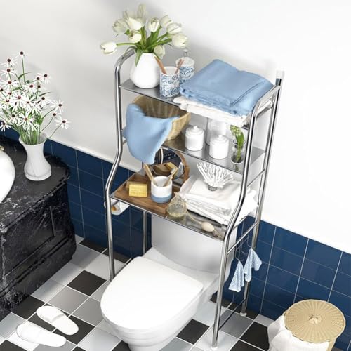 3-Tier Over The Toilet Storage, Freestanding Metal Bathroom Shelves, Above Toilet Storage Rack with Hooks and Paper Holder, Space-Saving, for Bathroom Restroom Laundry, Stainless Steel