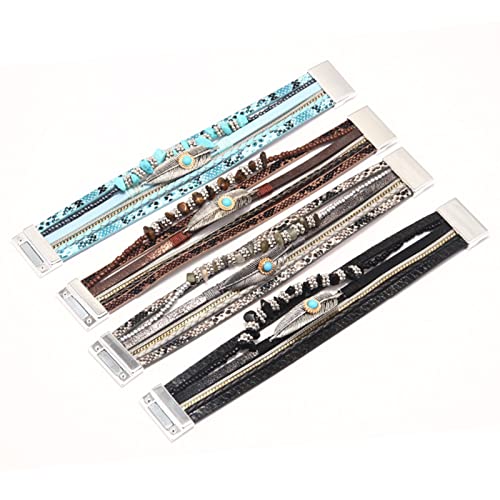 Turquoise Leather Wrap Bracelet Layered Beaded Bracelets For Women Multilayer Feather Cuff Bracelets Bohemian Western Bracelet For Women (Blue) #TOP3