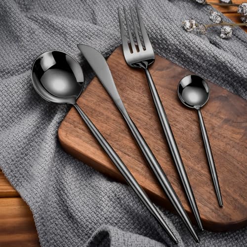 Image of BonZeaL Stainless Steel 24 Pieces Black Cutlery Set for 6 Person with Stand Mirror Finish Flatware Set for Dining Table Hotel Cafe Bar Restaurant Premium House Warming Gifts for New Home Kitchen