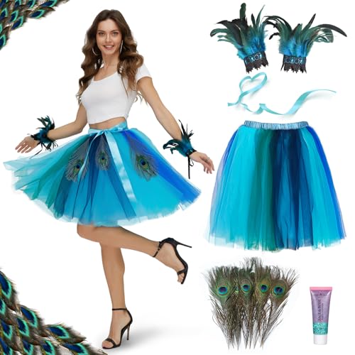 Ulikey Disfraz Pavo Real Mujer, Tutú Azul Muje, 10pcs Plumas Pavo Real 25cm, Muñequera de Plumas para Carnaval de Halloween Fiesta Temática Cosplay