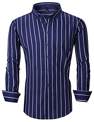 XTAPAN Men's Long Sleeve Casual Slim Fit Vertical Striped Button Down Dress Shirt Asian 4XL Dark Blue 903