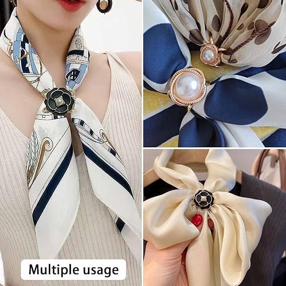 Women's Elegant Pearl Floral Scarf Ring Clip, Metal Hollow Out X Shape Camellia Flower Scarf Buckle4