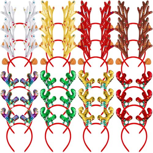Wettarn 48 Pcs Christmas Reindeer Headbands,Antler Costume Headwears Bulk Shiny Head Topper with Sequin for Christmas Party Favors,8 Styles (Chic)