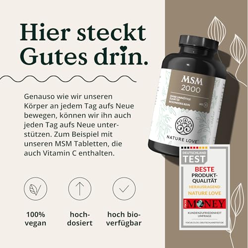 NATURE LOVE® MSM 2000mg mit Vitamin C - 365 laborgeprüfte Tabletten - Kompakteres MSM Pulver als bei Kapseln - Ohne Zusätze, hochdosiert, vegan, in Deutschland produziert