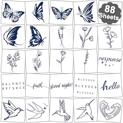 CHARLNET 88 Sheets Semi-Permanent Butterfly Tattoos for Women Girls - 2 Weeks Long Last Sexy Realistic Tiny Flowers Words Temporary Tattoos for Women Body Art Stickers