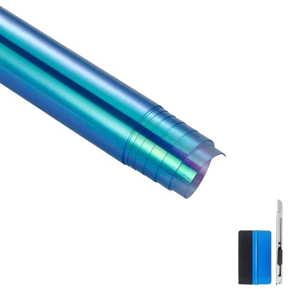 NewL Selbstklebende, Chrom, Chamäleon-Scheinwerfer 30x120cm, Hellblau | Montagewerkzeug inkl., hohe Dehnbarkeit, waschbeständig, rückstandsfrei haftend, für Auto Rücklicht & Nebelscheinwerfer