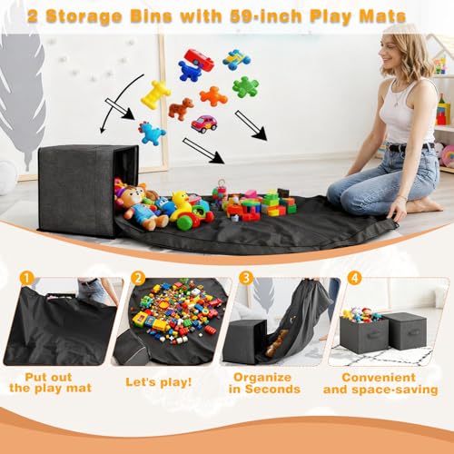 Image of 42.9'' Toy Storage, Large Stuffed Animal Holder with Toy Chest and Play Mat, Toy Organizer with Kids Bookshelf, Wooden Organization with 2 Movable Drawers for Kids Room Bedroom Playroom,White