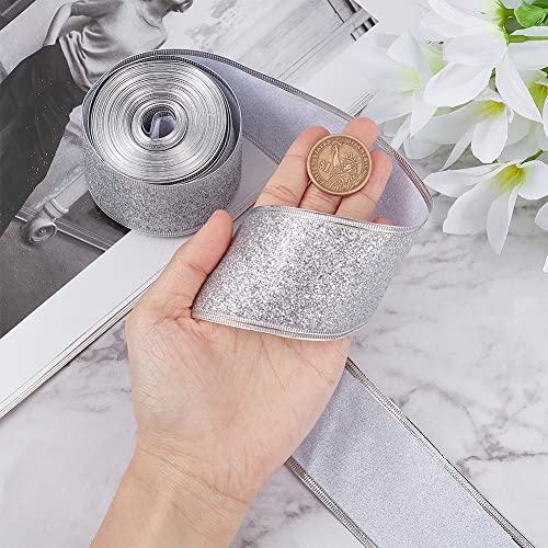GORGECRAFT 10 Yards Sparkle Ribbon with Wired Edge Glitter Ribbon 2 Inch Silver Wrapping Gifts & Custom Diy Crafts Decorative Confetti Glitter Wired Ribbons for Gift Wrapping Party Decoration - Image 3