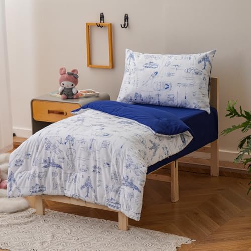 Image of Luxlovery Toddler Comforter Set Cartoon Aircraft Vehicles Printed Kids Children's Blanket White Blue Bed Set for Dorm 4 Pieces (1 Comforter, 1 Flat Sheet, 1 Fitted Sheet, 1 Pillowcase)