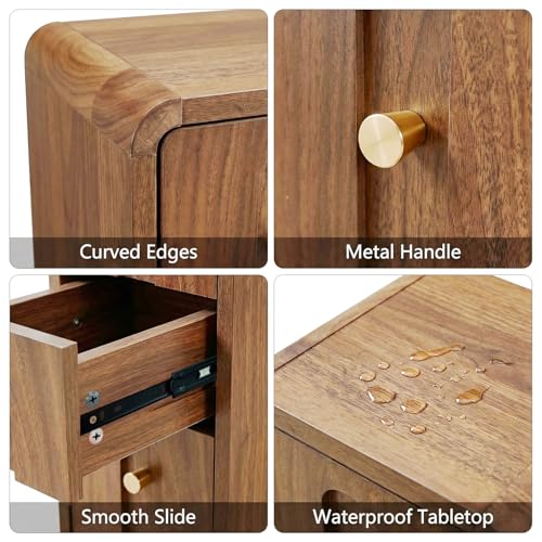 Image of Narrow Nightstand with 3 Drawers, Small Bedside Table, Mid Century Modern Skinny Night Stand with Storage, Wood Slim Side Table for Bedroom, Small Spaces, Living Room (Walnut-1pcs)