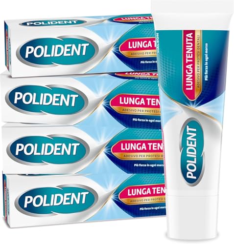 Polident Lunga Tenuta, Adesivo per Protesi Dentale, fino a 12 Ore di Tenuta Giornaliera, Gusto Menta Delicata, Pacco da 4x40 g