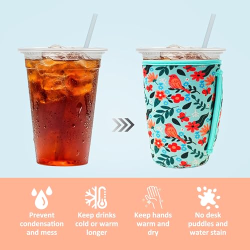 Image of KJQJLY 3 Pack Reusable Iced Coffee Sleeves for Iced Coffee Cups or Drinks Reusable Neoprene Insulated Sleeves for Hot and Cold Drinks from Starbucks, Dunkin, And More (Bird)