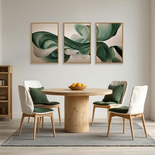 Image of KAIRNE Green Abstract Framed Canvas Wall Art Set,Minimalist Green Lines Wall Decor,Modern Flowing Texture Art Prints,Neutral Smokes Waves Artwork for Living Room,Bedroom,Farmhouse,Office-24 x36 x3