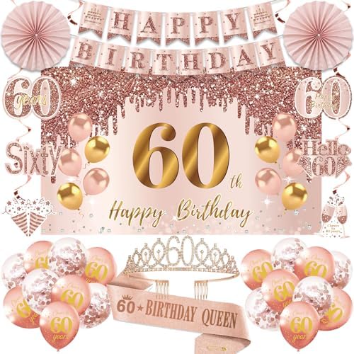 60th Birthday Decorations for Women, Pink Gold Happy 60th Birthda...
