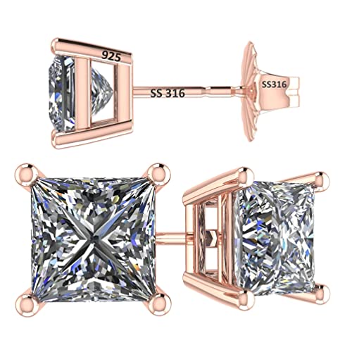 NANA Jewels Princess Cut Simulated Diamond Stud Earrings Silver & CZ 1.50ct - 4.00ct Hypoallergenic
