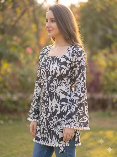 Image of Women's Premium Viscose Rayon Floral Printed Short Kurti | Stylish Bell Sleeves with Pom-Pom Lace | Tunic Top for Jeans & Office Wear