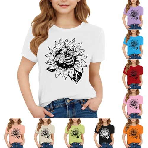 Girls Sunflower Butterfly Print Summer T-Shirts Short Sleeve Casual Tops Loose Crewneck Basic Tees for Kids 3-15 Years2