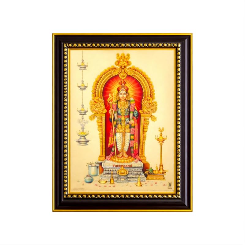 Image of Paramporul Gallery Palani Murugan Raja Alangaram Subramanya Swamy Gold Foil Photo Frame for Pooja Room, Hindu God Wall Decor, Ready to Hang, 10x14 Inch