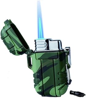 Outdoor torch lighter with lock, refillable butane lighter, waterproof and windproof lighter, adjustable jet flame lighter, adjustable jet flame lighter, fireplace firework camping barbecue lighter, Green (excluding butane gas)