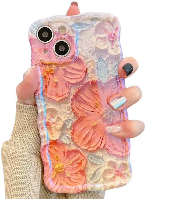Amytor for iPhone 13 Pro Case, Colorful Retro Oil Painting Printed Flower Laser Glossy Pattern Cute Curly Wave Edge Exquisite Phone Cover Stylish