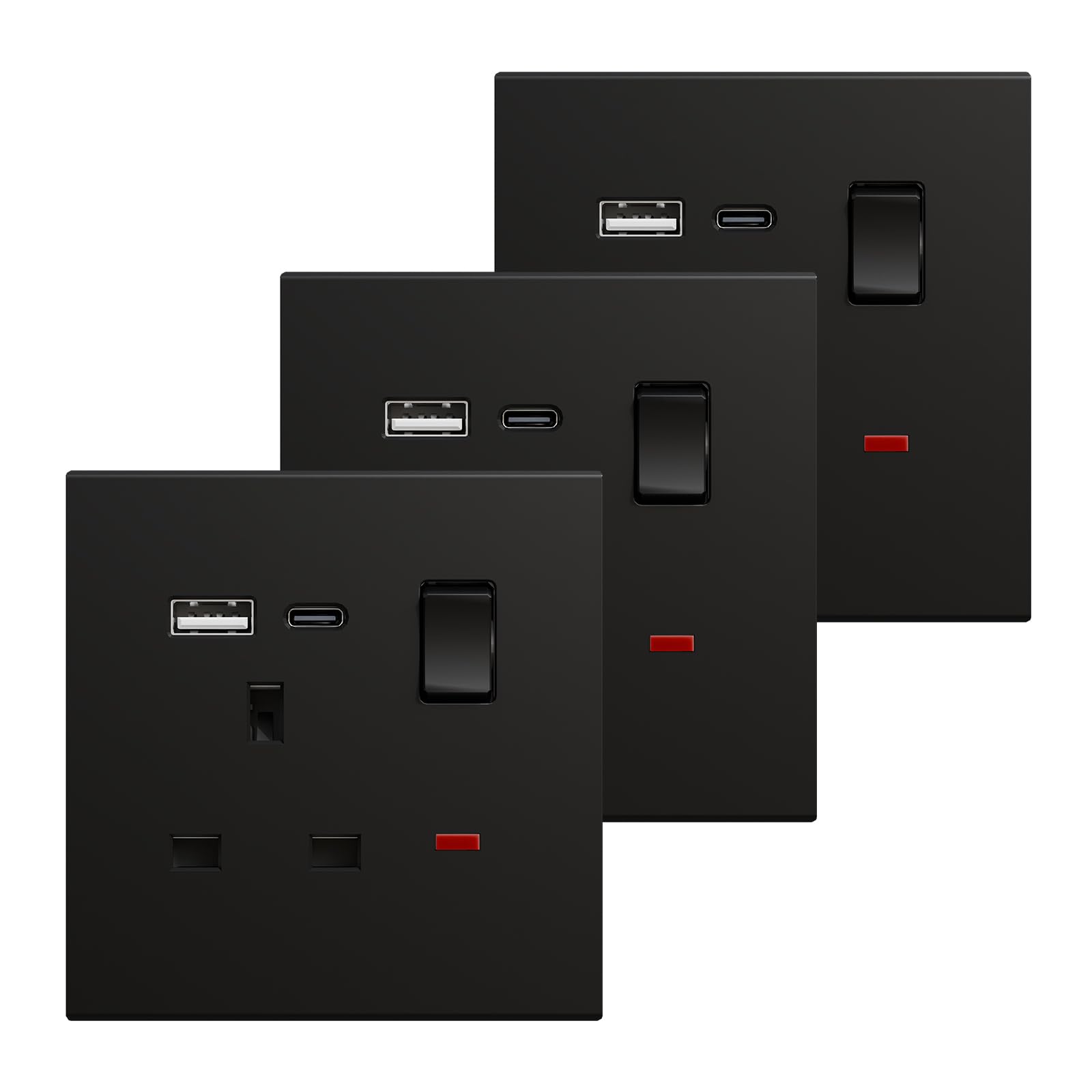 BSEED Single Socket with USB C 3 Pack, Electrical Single Switched Power Plug Wall Socket with LED Indicator, PC Wall Plate Outlet, Black, 13A