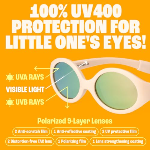 BABY SUNNIES Polarisierte Baby Sonnenbrille mit Riemen - 0-24 Monate, Oval, Pfirsich, UV Schutz, Bruchsicher - Kinder Sonnenbrillen BPA Frei - Komfortable Passform - Sonnenbrille Kleinkind