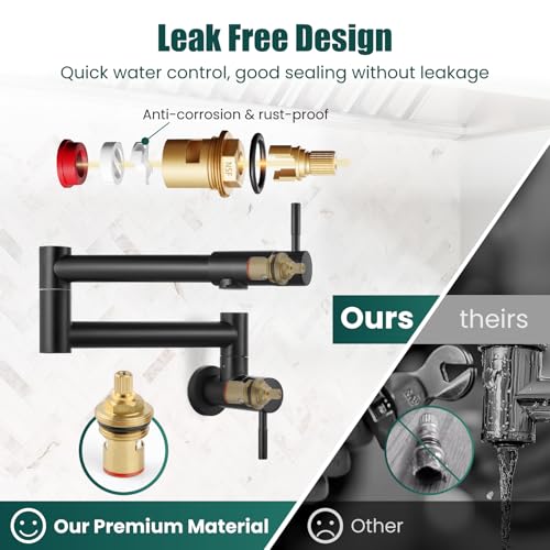 Image of Heyalan Pot Filler 19 Inch Wall Mount Folding Stretchable Kitchen Restaurant Faucet Stainless Steel Pot Filler Double Joint Swing Arm Two Handles Commercial NPT,Straight Handle,Matte Black