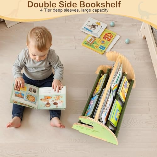 Image of Toddler Bookshelf Double-Sided with 4 Tier Deep Sleeves Kids Wooden Montessori Book Rack for Baby Nursery Room, Playroom, Classroom or Bedroom Bookcase Storage Organizer, Green Dinosaur