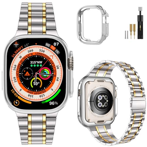 Image of MioHHR Solid Stainless Steel Band Compatible with Apple Watch 49mm Ultra 3 /2 /1, Metal Strap with Soft TPU Case for iWatch Series Ultra 3 /2 /1 49mm Women and Men, Silver /Gold