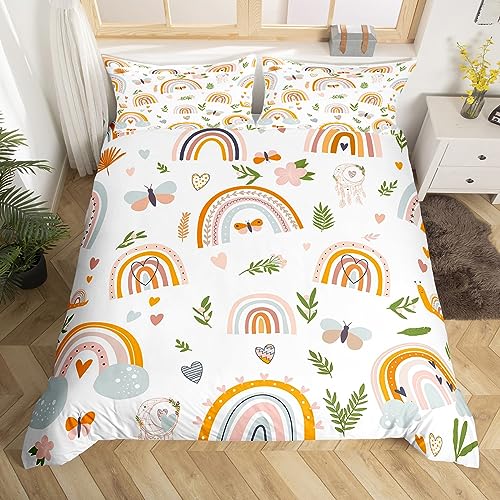 Loussiesd Rainbow Duvet Cover King Size With 2 Pillow Cases Colorful Stripes Comforter Cover Boho Rainbow Bedding Set Butterfly Bedspread Cover for Kids Adults