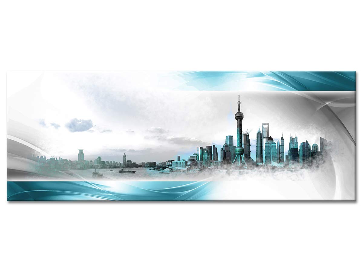 Declina, Quadro decorativo da parete per soggiorno moderno, quadro decorativo da parete, tela panorama di Shanghai rosso 100 x 35 cm, CANVAS, Turquoise, 120x50 cm