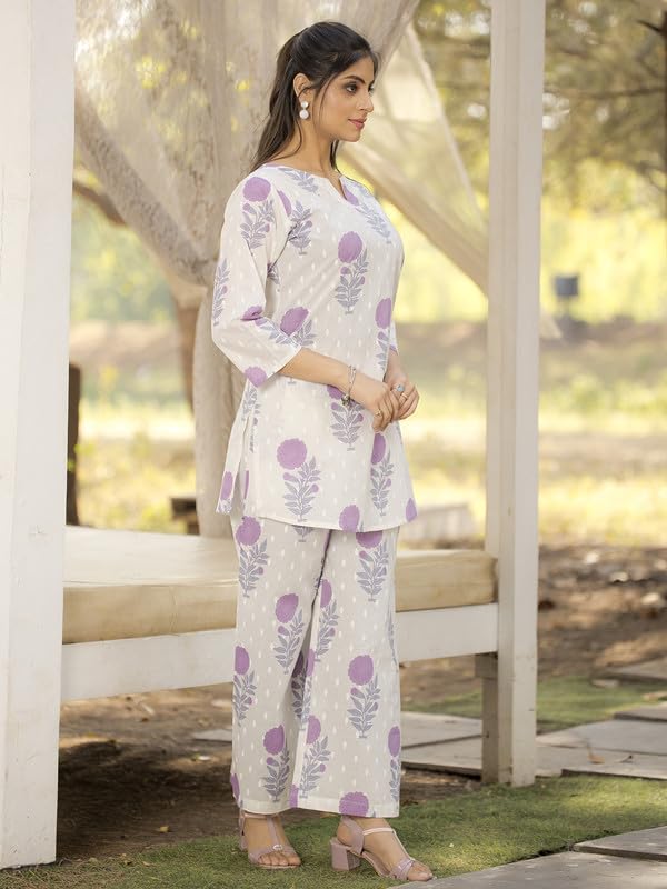 Pinkmint Women's Pure Cotton Co Ord Set L Flower Printed Co Ord Set L Stylish Pocket & 3/4 Sleeve Women Co-Ord Set