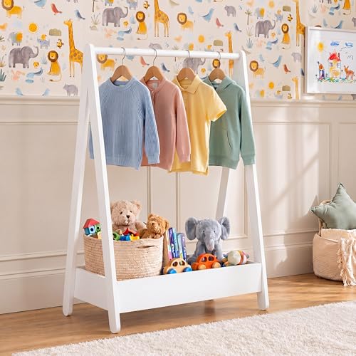 Junior Vida Portant à vêtements pour enfants | Blanc | 99 H x 64,5 l x 42 D cm | Bois de pin massif | Barre de rangement supplémentaire | Portable | Jouets...