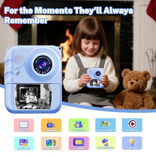Image of Instant Print Camera for Kids, 1080P Video Camera with 3 Print Rolls | 32GB Card & Cute Cover, Gift for Girls Boys Age 3-12, Toddler Digital Camera with Games, Filters, Music - Blue