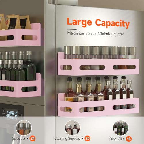 Image of Sevenblue 4-Pack Magnetic Spice Rack for Refrigerator with Hooks, Pink | Strong multipurpose magnetic shelf for kitchen & bathroom organization. Includes 4 removable hooks for hanging items.